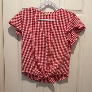 Chic Red Checkered Blouse with Tie Front